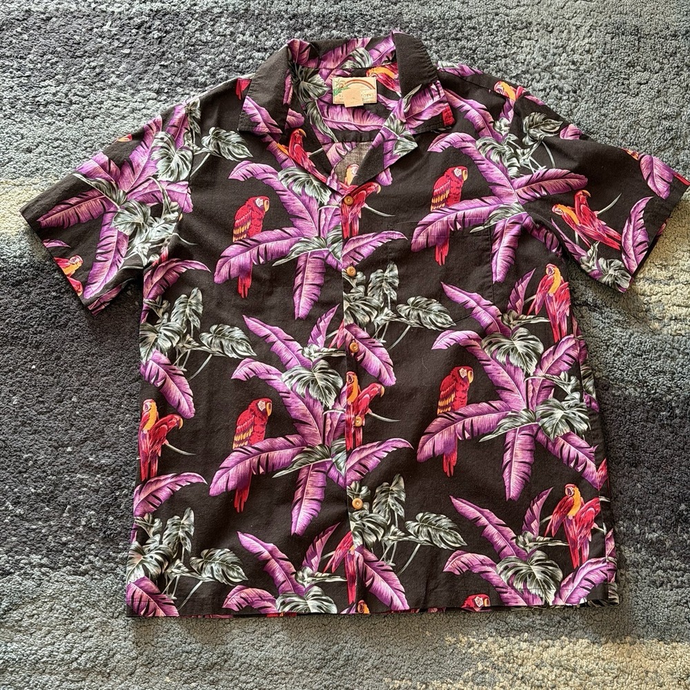 Paradise Found Tom Selleck Magnum PI Hawaiian Jungle Parrot Black Purple Shirt
